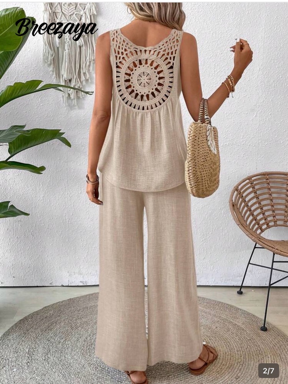 SHEIN Beige Crochet-Back Wide-Leg Jumpsuit - Picture 3 of 15